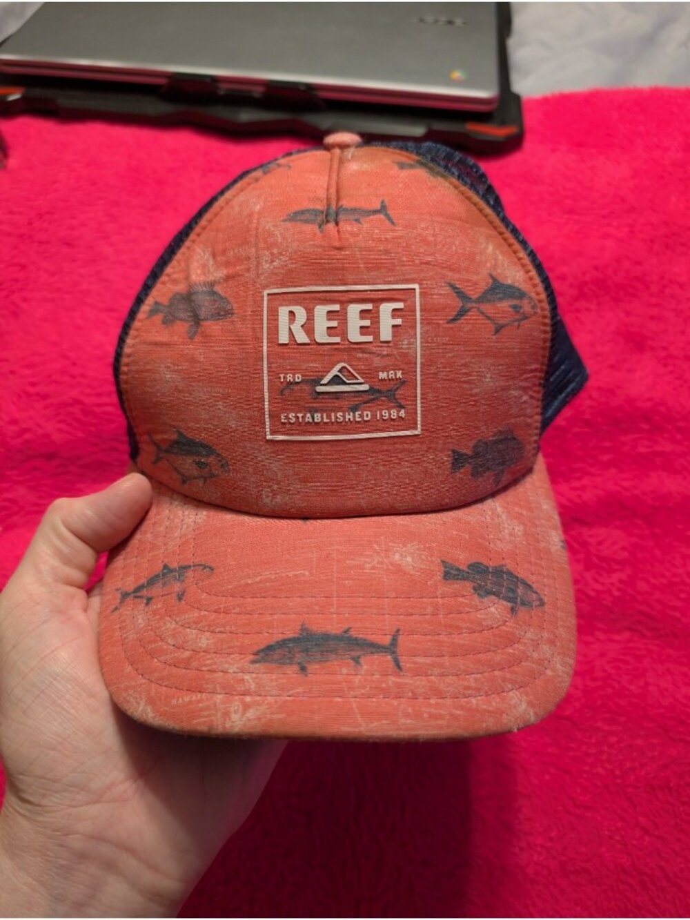 Reef Just Passing Through Trucker Hat Orange Fish Print Blue Mesh Snapback Cap
